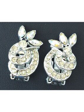 Vintage Signed BOGOFF AB Rhinestone Swirl Clip On Earrings Rhodium Plated 1950s
